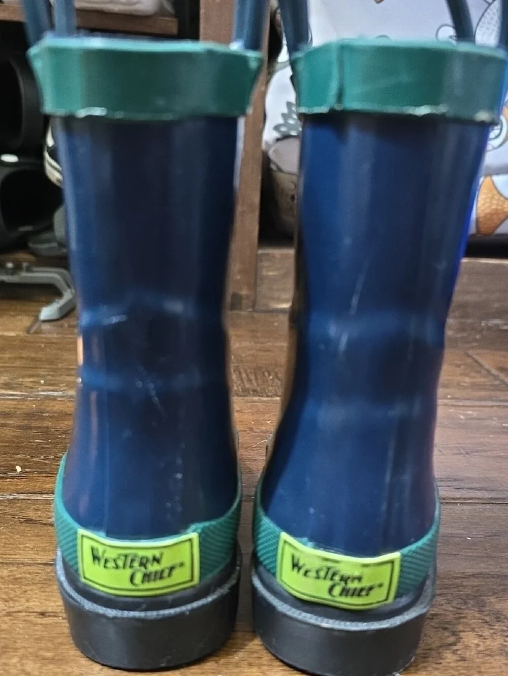 Western Chief Navy and Green Kids Rain Boots with Pull Handles